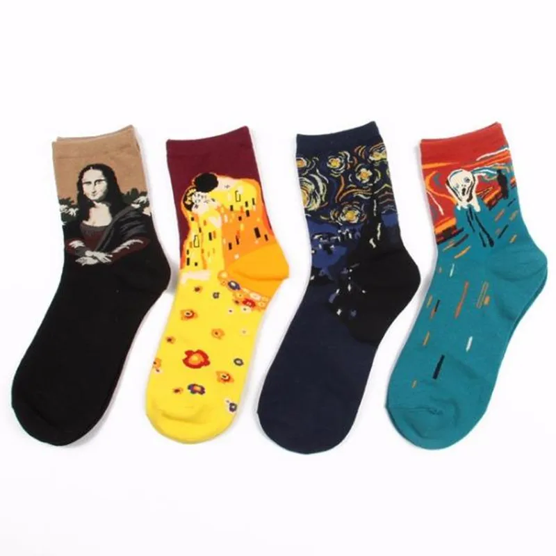 Unisex Abstract Oil Painting Socks Mona Lisa Retro Men Women Couple Funny Starry Night Cotton Unisex Sox Spring Autumn Hose