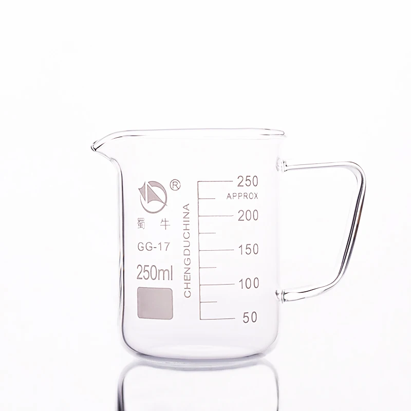 

With handle beaker in low form,Capacity 250ml,Outer diameter=71mm,Height=98mm,Laboratory beaker with handle