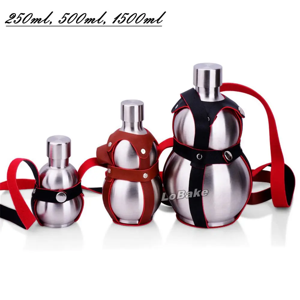 

(3 units/set) 250ml, 500ml, 1500ml stainless steel gourd shape wine bottle with leather belt portable flask liquor whisky flagon