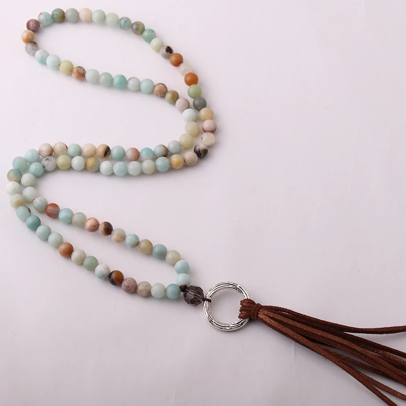 Fashion Amazonite Stones Bohemian Tribal Jewelry Circle Long Tassel Necklace