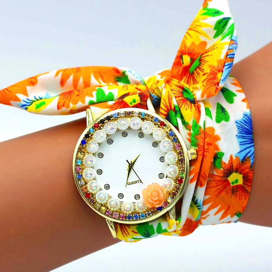 shsby New Ladies flower cloth wristwatch rose women dress watch colourful sparkling rhinestone fabric clock sweet girls watch