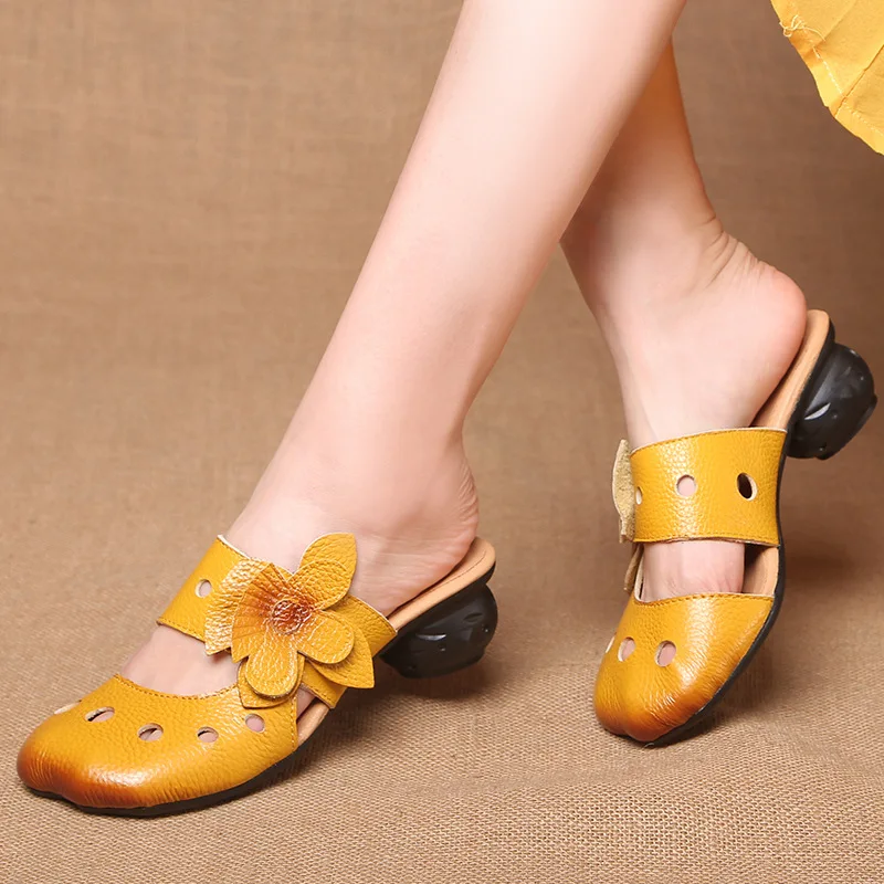 Xiuteng Hollow Sandals Flowers Pattern Genuine Leather Big Head Adjustable Daily Sandals Ladies Shoes Spring New Women Slippers