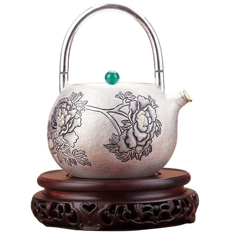 pure silver Kung Fu tea set, manual production pure silver 999 do old burn water kettle mention beam pot, office gift collection