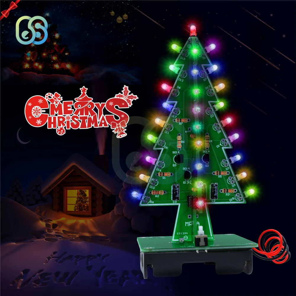 Three-Dimensional 3D Christmas Tree LED DIY Kit 7 Colors Red/Green/Yellow LED Flash Circuit Kit Electronic Suite Holiday Decor