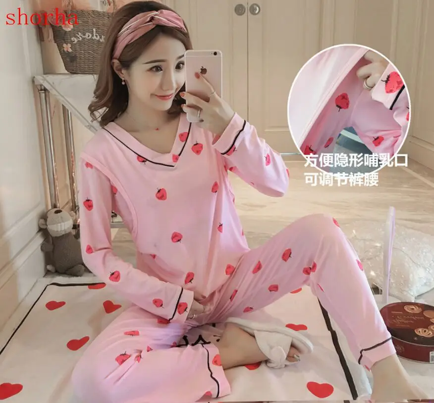 Maternity sets breastfeeding pajamas nightwear Pregnant woman nursing sleepwear pregnancy cotton long sleeve clothes suit