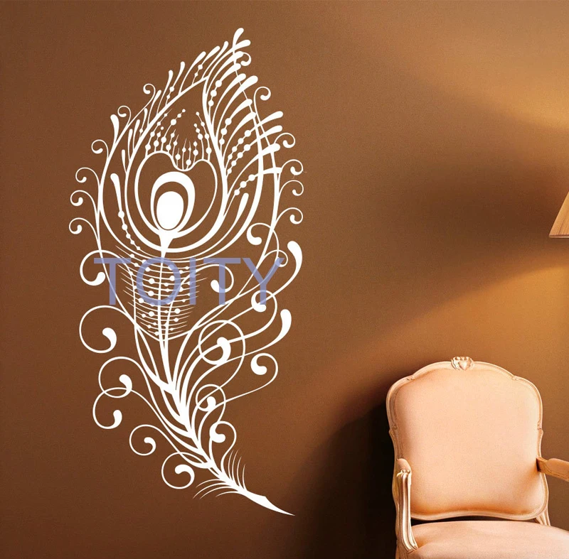 Peacock Feather Wall Decal Vinyl Stickers Bird Plumage Patterns Home Interior Design Art Murals Bedroom Wall Decor H119cm xW57cm