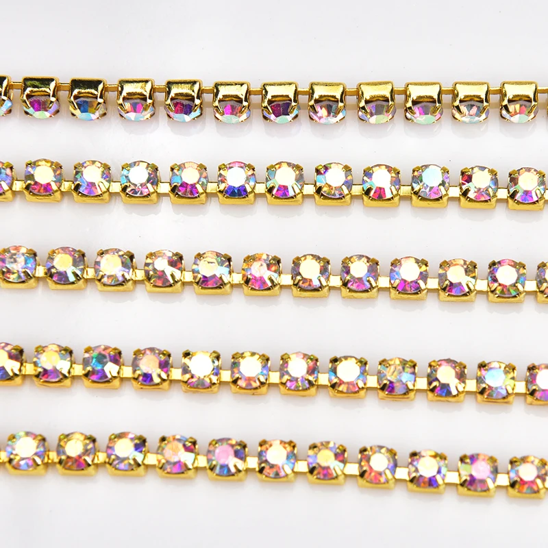 10yards/Lot AAAAA High Quality Glas Rhinestone Fringe Chain Clear Crystal AB With Silver/Gold Metal Base Trim Sewing SS6-SS28