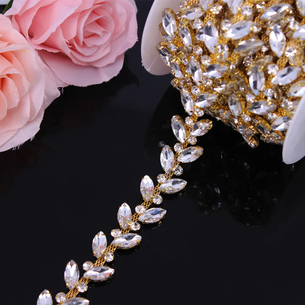 2.1CM Width Gold Crystal Wedding Dress Belt Bridal Chain Trim Horse-Eye shape Rhinestone Trim Sew on Garments DIY Clothes