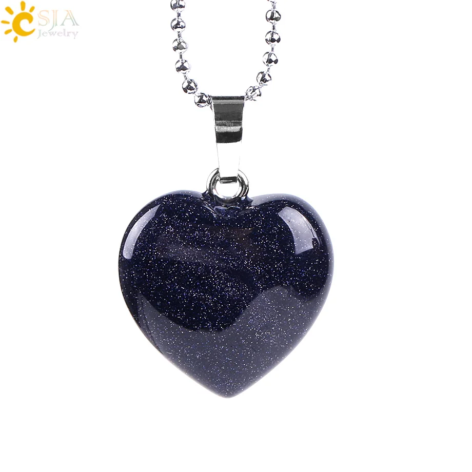 CSJA Natural Stone Heart Necklace Reiki Healing Crystal Blue Brown Sand Opal Pendant Lover Chain Jewelry E757