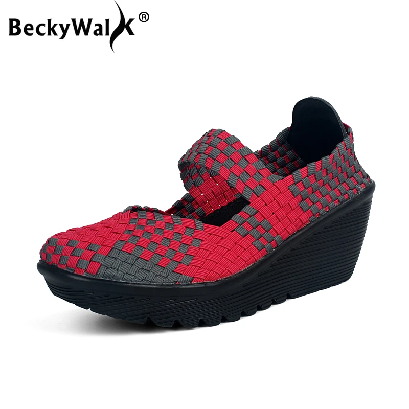 BeckyWalk Handmade Woven Women Shoes Summer Women Platform Sandals Middle Heels Wedge Shoes Woman Spring Flats Shoes WSH2906