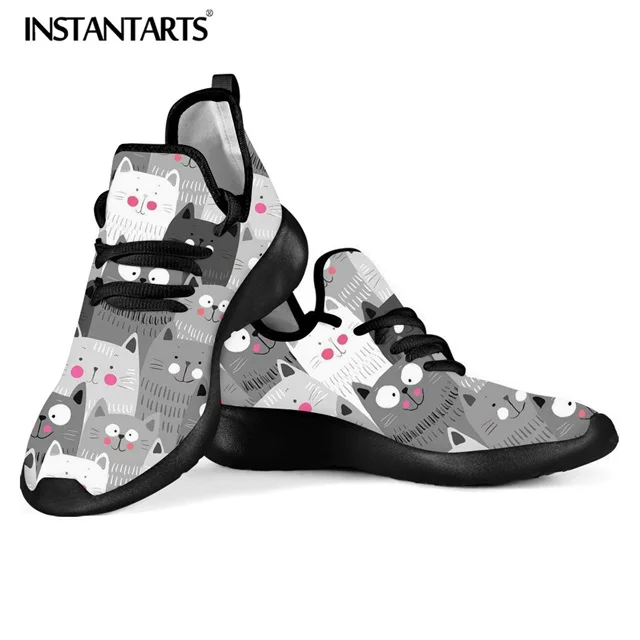 

INSTANTARTS Summer Spring Women Lace Up Casual Sneakers Teenager Girl Mesh Knit Sneakers Puppy/Kitty Cat Print Flats Female Shoe