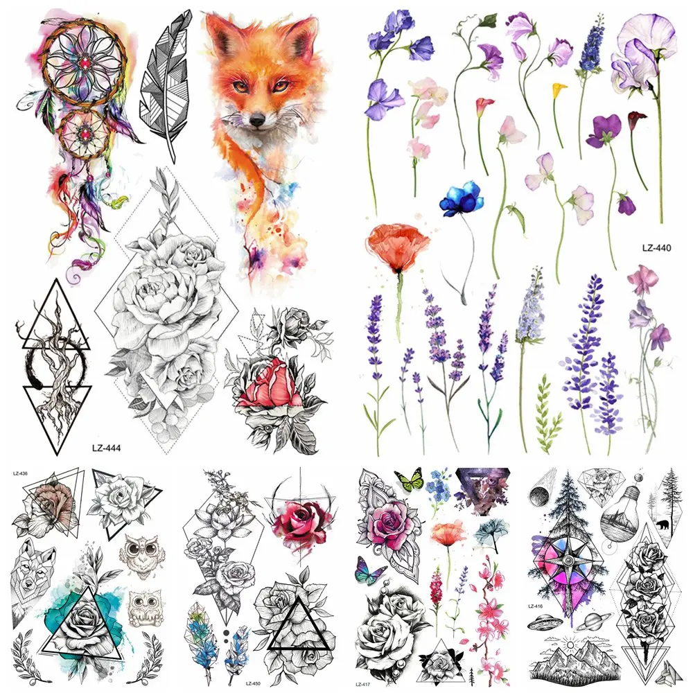 Small Floral Temporary Tattoos For Women Girls Dasiy Lily Flower Blossom Watercolor Fox Dreamcatcher Fake Tattoo Stickers Paper