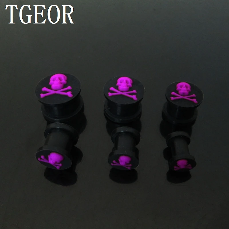 1 pair mixed gauges ear expander mixed  colors skull pattern silicone ear plug hot sale