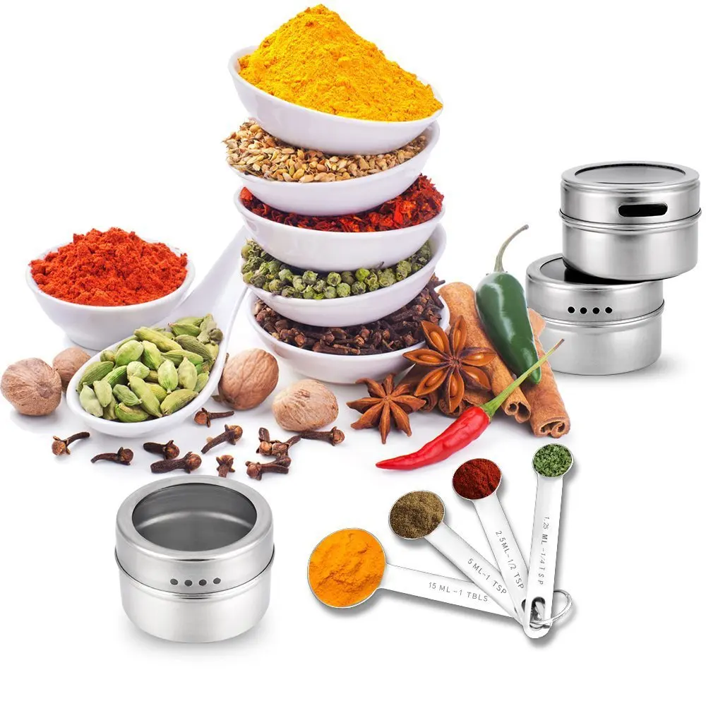 GOUGU Magnetic Spice Jar With Stickers Stainless Steel Spice Tins Pepper Seasoning Sprays Tools