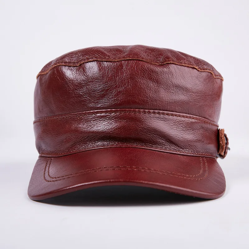 Genuine Leather Hat Young Men Casual Cowhide Flat Top Cap Lady Outdoor Warm Ear Protection Leisure Fashion Pure Color Caps H6971