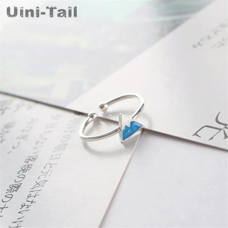 Uini-Tail hot new 925 Tibetan silver blue snow mountain drawing Epoxy opening ring Korea fashion trend iceberg triangle jewelry