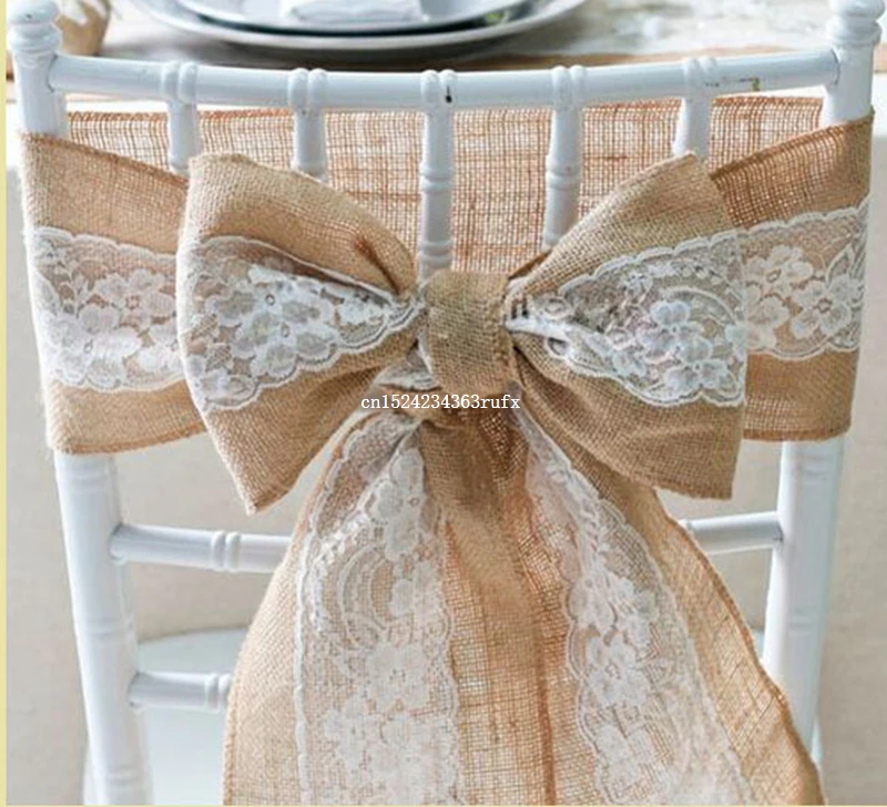 50pcs Wedding Decoration Naturally Elegant Burlap Lace Chair Sashes Jute Chair Tie Bow For Rustic Party Event Decoration