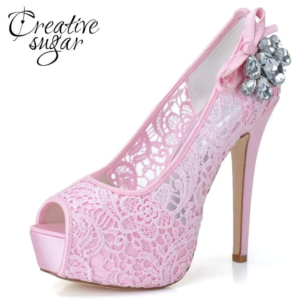 Woman platform high heels shoes pink white see through perspective lace bridal wedding prom party pumps crystal brooch at side