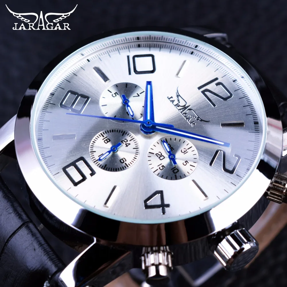 Jaragar 6 Blue Hands Display Fashion Design Silver Case Men Watches Top Brand Luxury Genuine Leather Strap Automatic Wrist Watch