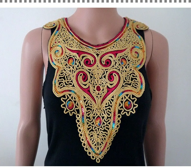 1pc Craft Gold collar Venise Sequin Floral Embroidered Applique Trim Decorated Lace Neckline Collar Sewing