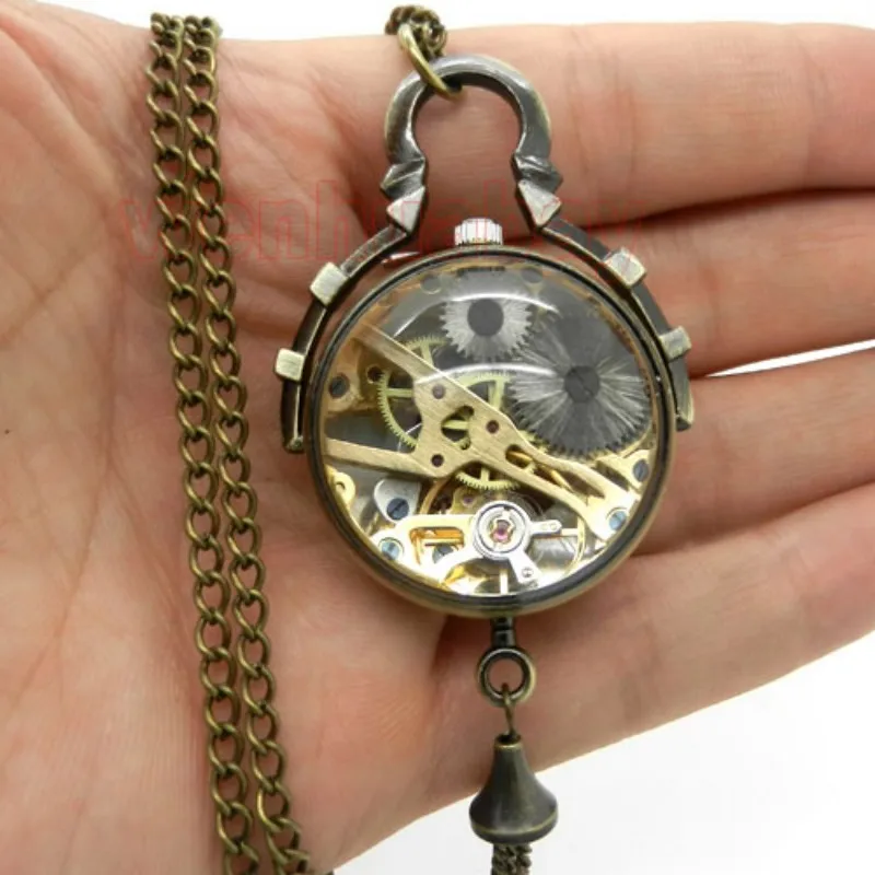 Steampunk Mechanical Pocket Watch Vintage Bronze Fob Pocket Clock Glass Ball Roman Numeral Mini relogio de bolso mecanicas 2020