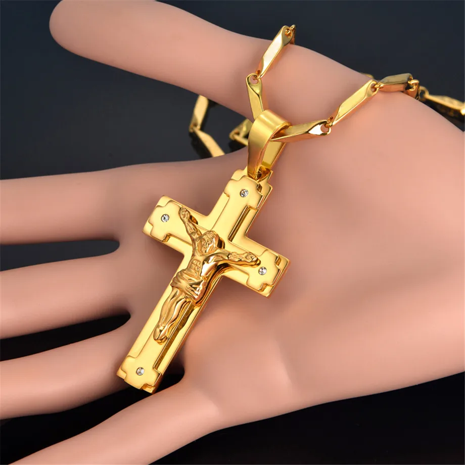 Crucifix & Cross Necklaces Pendants For Men Stainless Steel Gold Color Christ Jesus Piece Necklace Male Christian Jewelry