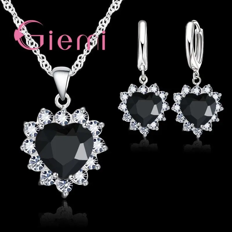 Different Colorful Cubic Zirconia Pendant Necklace Earrings Jewelry Sets Beautiful Heart Flower 925 Sterling Silver Gifts