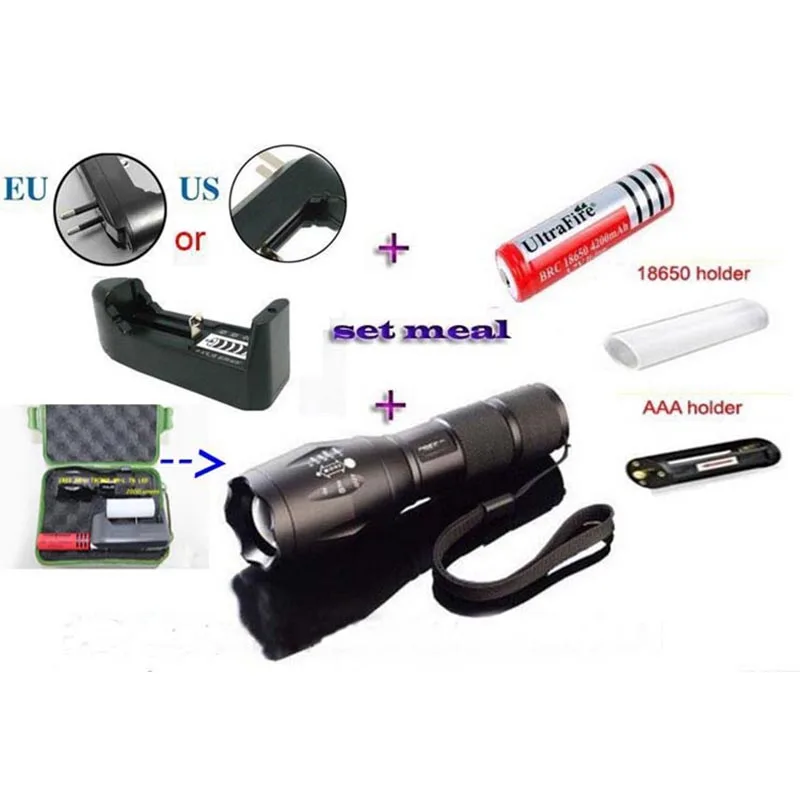 XML T6 3800 Lumens High Power LED Torches Zoomable LED Flashlights Torch Light Battery Charger with RETAIL BOX