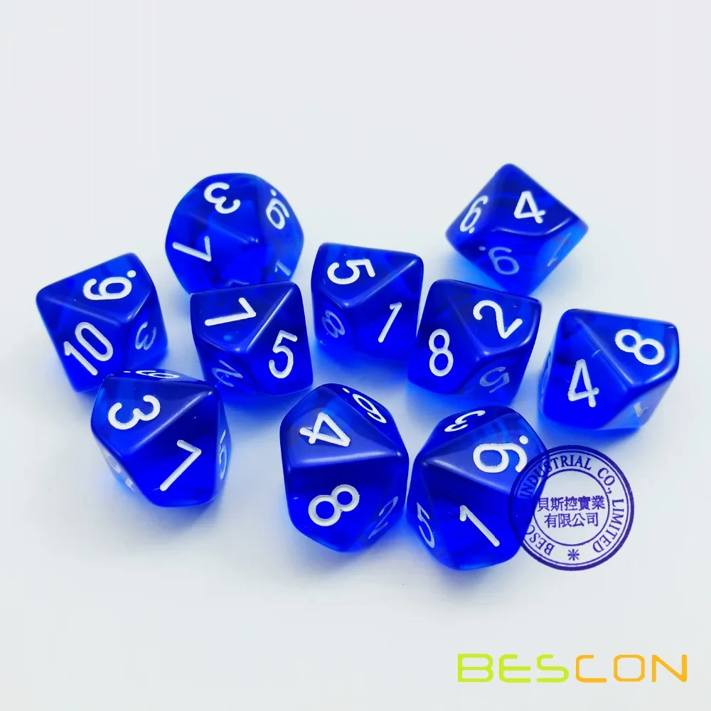 Bescon Polyhedral 10 Sides Dice with Number 1-10, Blue Transparent 10 Sided Dice, 10 Sides Cube 1-10, 10pcs Set