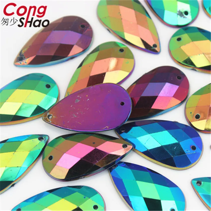 Cong Shao 50pcs 16*30mm AB Color Drop Acrylic rhinestone stones crystals flatback sewing 2 Hole DIY Wedding Dress Button CS421