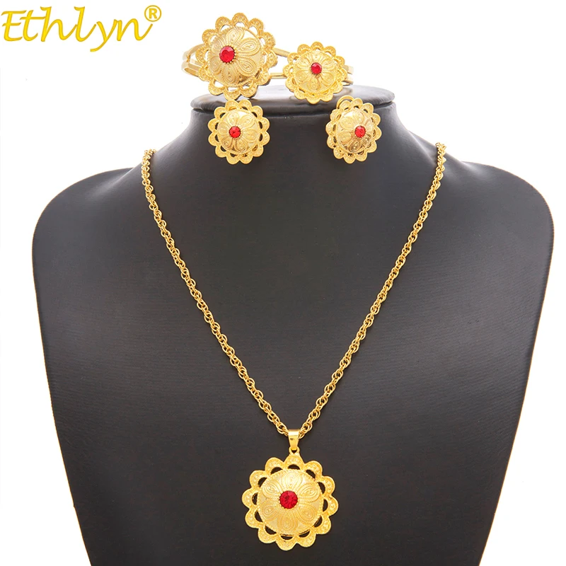 Ethlyn Jewelry Ethiopian/Eritrean Bride Gold Color Jewelry Sets With Stone African Ethnic Gifts Habesha Wedding Giving S197