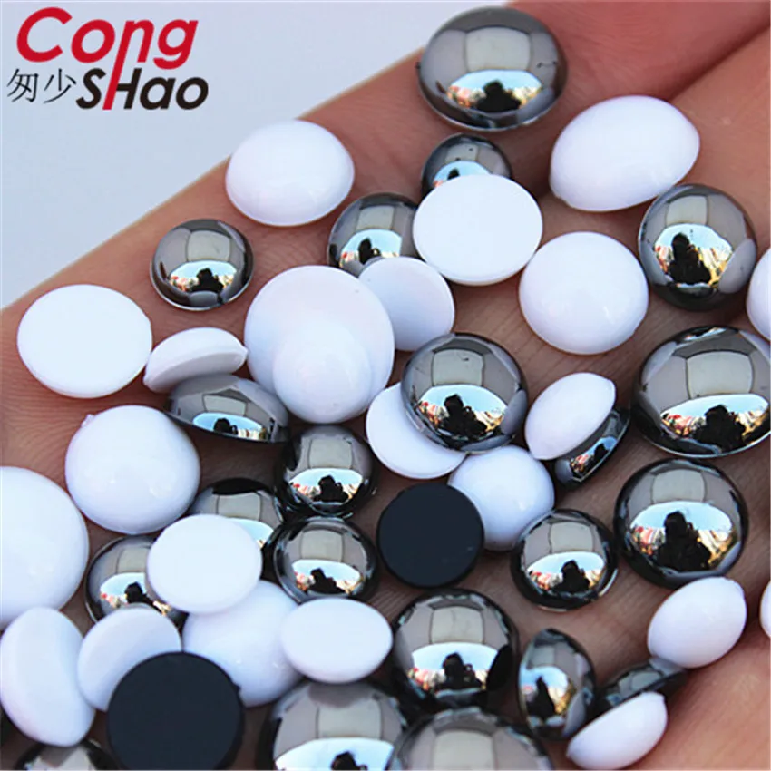 Cong Shao 8/10/12mm Gun black / Porcelain white stones and crystals Acrylic Round rhinestone flatback DIY Wedding Dress ZZ385