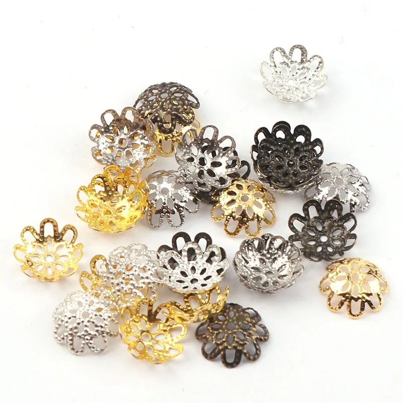 10mm Vintage Filigree Metal Eight-Leaf Hollow Flower Spacer Beads End Caps Pendant DIY Charms Connectors Jewelry Findings