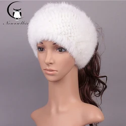 Plaid New arrival 2 Use Cap Knitted Scarf & Winter Hats for Women Real Mink Fur Winter Hat Knitted Warm Natural Mink Fur Scarves