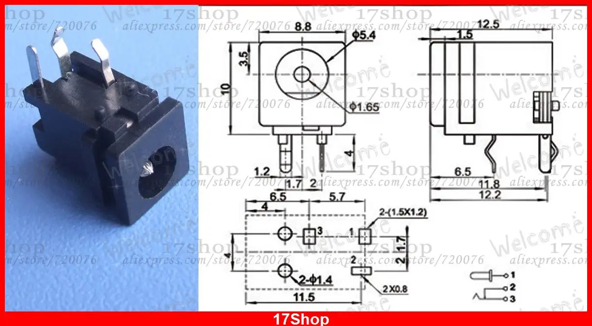 

500PCS 3pin 4.8mm X 1.7mm DC socket 1.65mm jack PCB Charger Power Female Plug