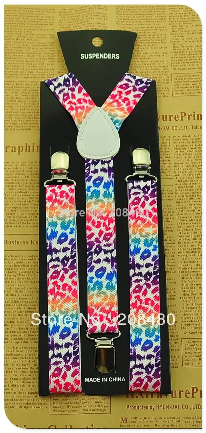 Gratis Verzending-Unisex Clip-On Bretels Elastic Slim Jarretelle 1 Inch Breedte "Rainbow Leopard" Y- back Bretels Wholesale & Retail