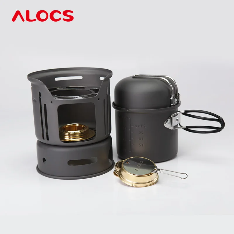 Alocs Folding Cooking Ultralight Outdoor Pot Set 1-2 People Spirit Stove Windproof Alcohol Stove Camping Pan Set CW-C01