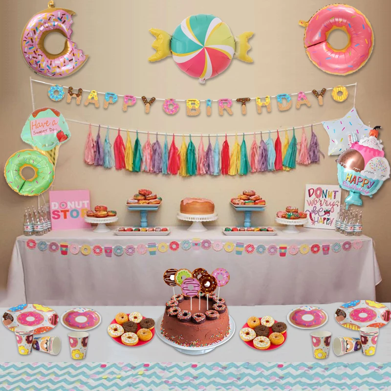 WEIGAO Donut Party Plate Cup Napkins Tablecloth Banner Birthday Party Disposable Tableware Set 1st Birthday Decor Party Supplies