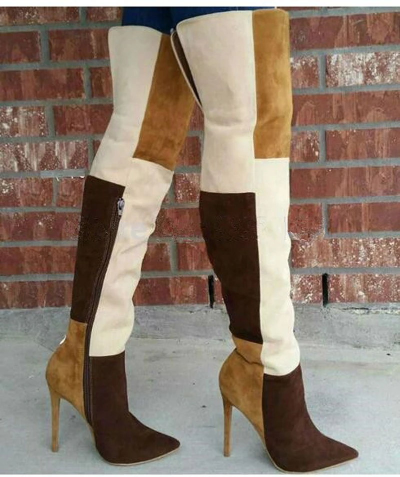 

Winter Hot Sale Women Fashion Pointed Toe Patchwork Color Over Knee Boots Suede Leather Square Cloth Long High Heel Boots