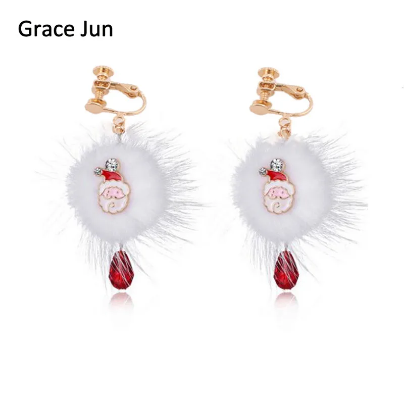 Grace Jun جديد سانتا كلوز الغزلان الأرنب الفراء الكرة الأحمر كريستال كليب على الأقراط دون ثقب للنساء لطيف هدية عيد الميلاد