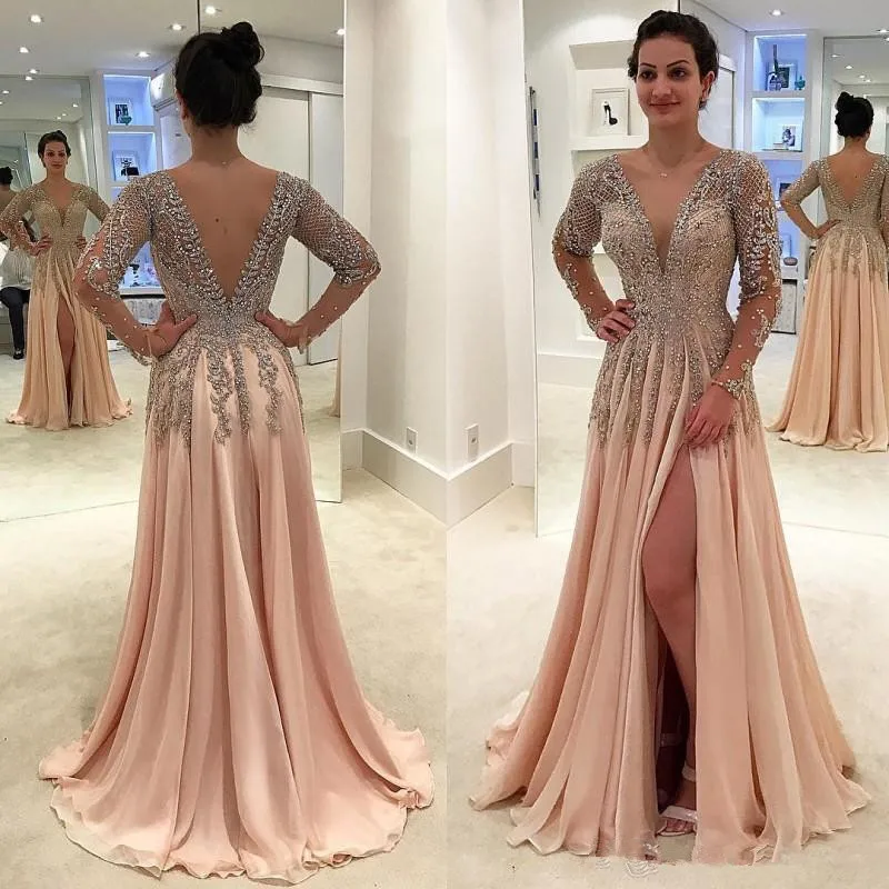 Prachtige Kristallen Backless Avondjurken Diepe V-hals Kralen Prom Jassen Floor Lengte Een Lijn Chiffon Split Side Свадебное Платье