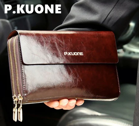 P.KUONE men\'s clutch wallet Luxury Shining Oil Wax Cowhide Men Clutch Bag man Long Genuine Leather wallets male coin purse bags