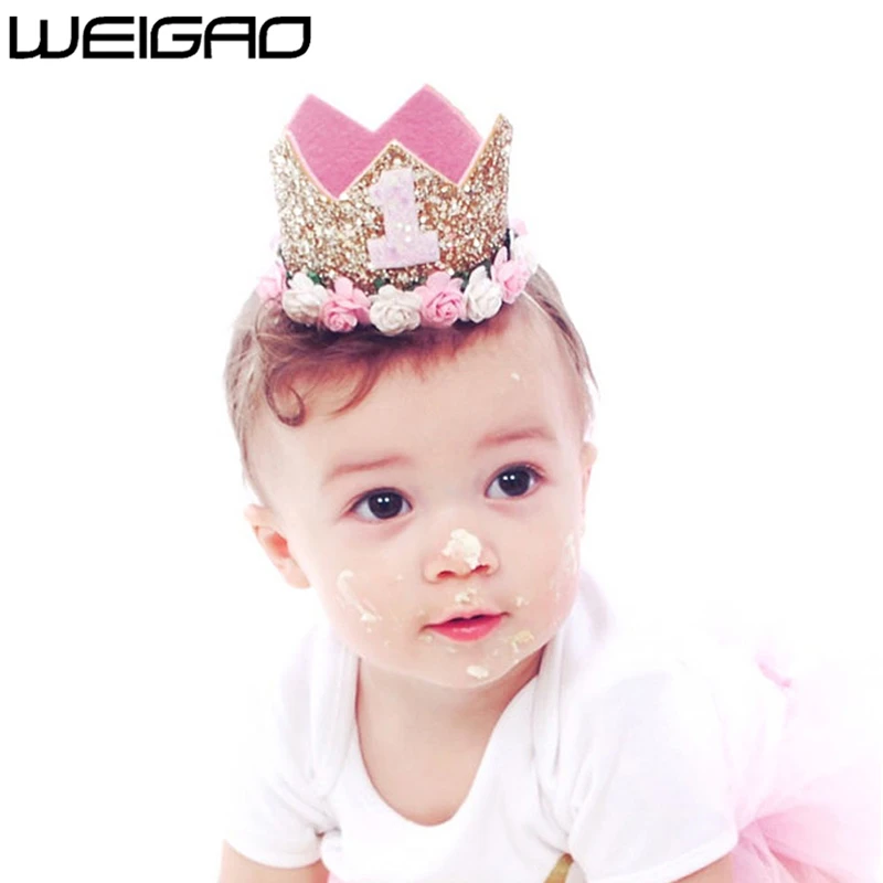 WEIGAO 1pcs 1 2 3 Birthday Caps Flower Crown 1st Birthday Hat Newborn Baby Birthday Headband 1 Year Birthday Party Decorations