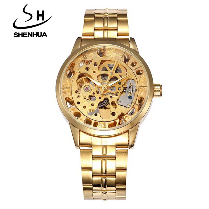 Relogio Masculino SHENHUA Skeleton Watch Men Luxury Gold Automatic Self-Wind Mechanical Wrist Watches For Men Men Wristwatch