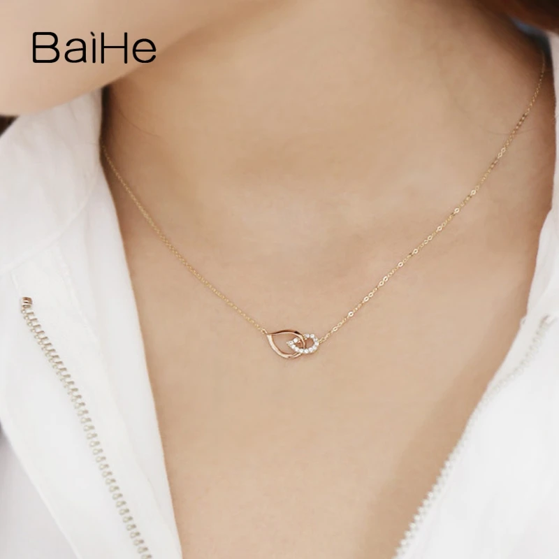 BAIHE Solid 18K Yellow Rose Gold 0.08ct H/SI Natural Diamond Leaf Necklace Women Fine Jewelry Making Colar de Folhas שרשרת עלים