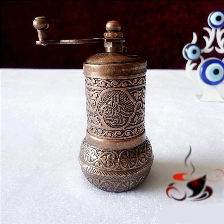 Turkish style manual coffee & spice seasoning grinder all metal mini table grinder Copper Alloy Relief Pattern