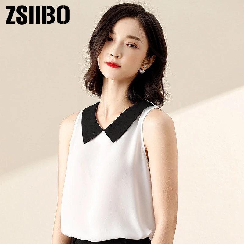 Blouse Women Sleeveless Bow Chiffon Shirt Elegant Turn-Down Collar White top Vintage top 2021 summer Fashion Clothes