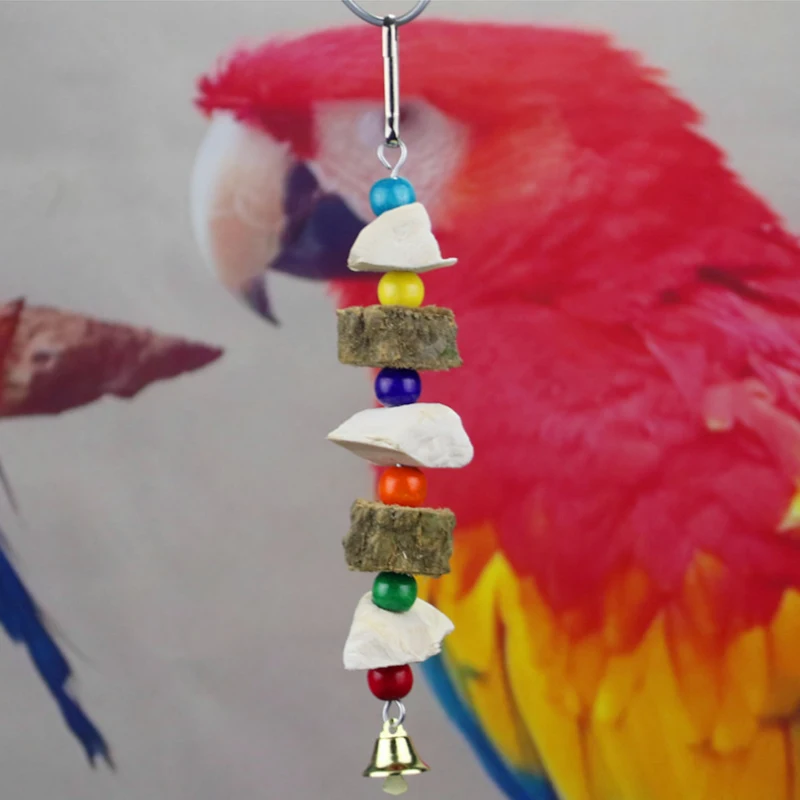 1 Pcs Parrot Bird toy Cuttlefish bone calcium Wooden Bite toys String Hanging Climbing Colored Beads Hook Bird cage Accesories