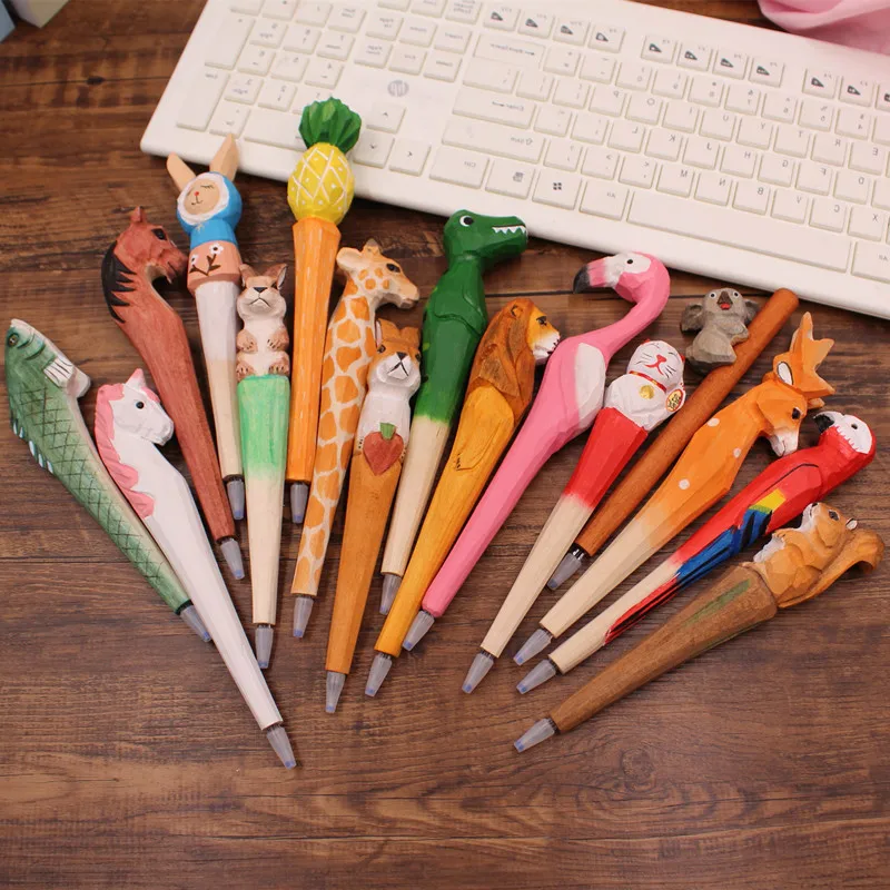 5PS Creative Wood Carving Animal Pen Attraction Hot Selling Craft Gift  Gel Pens Kawaii School Supplies Stationery