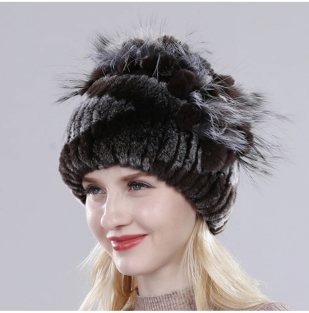 Neue Russische Damen Echt Rex-Kaninchenfell Mützen Luxuriöse Gestrickte Blumen Echte Rex-Kaninchenfell Kappe Winter Echt-Fell Beanie Mütze – Detail 34